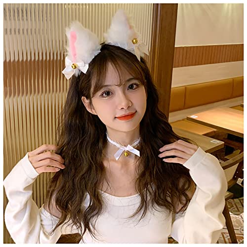 Fuchs Katzenohren Stirnband Spitze Schleife Choker Halskette mit Glöckchen Niedlich Anime Plüsch Pelz Neko Ohr Haarband Kopfbedeckung für Frauen (Weiss) von Dishowme