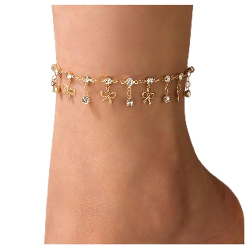 Fußkettchen mit Kristall-Muschel-Armband Boho-Stil Tropfenblatt, Quasten Fußkettchen Strass Schleife Sommer Strand Fußkette Schmuck für Frauen Mädchen (Gold B) von Dishowme