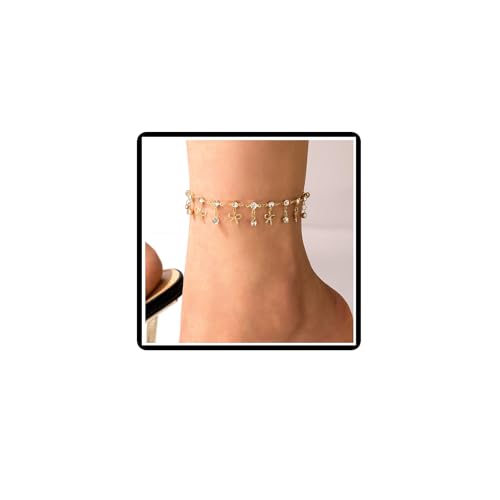 Fußkettchen mit Kristall-Muschel-Armband Boho-Stil Tropfenblatt, Quasten Fußkettchen Strass Schleife Sommer Strand Fußkette Schmuck für Frauen Mädchen (Gold B) von Dishowme