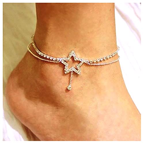 Fußkettchen mit Kristall-Stern-Herz Boho-Stil Mehrlagig Strass Kette Perlen Zirkonia Sommerfuß-Schmuck für Frauen Mädchen (Silber B) von Dishowme