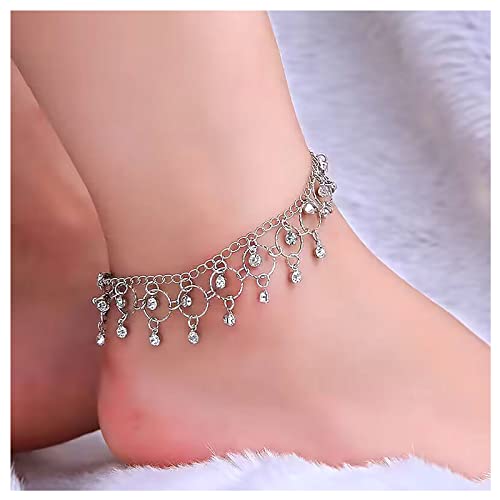 Fußkettchen mit Kristallen Lariat Kreis Boho Strass Quasten Fußkette Strand Barfuß Sandale Schmuck für Frauen Mädchen (Silber) von Dishowme