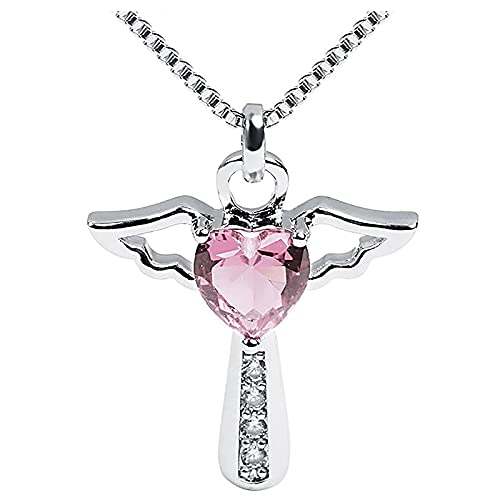 Geburtsstein-Kreuz-Halskette, Kristall, Engelsflügel-Anhänger, Halskette, Herz-Anhänger, Schmuck für Frauen, Mädchen, Mutter, Geschenke (Rosa) von Dishowme