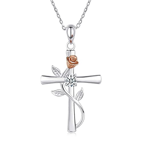 Halskette mit Rosenkreuz-Anhänger Kristallblüte Christlicher Kreuz Schmuck für Damen Mädchen Teenager (Weiss) von Dishowme