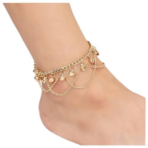 Jingle Bells Fußkettchen Boho Mehrlagige Glocken Quasten Fußkette Strand Verstellbar Barfuß-Sandalen Schmuck für Frauen Mädchen Teenageralter (Gold) von Dishowme