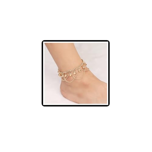 Jingle Bells Fußkettchen Boho Mehrlagige Glocken Quasten Fußkette Strand Verstellbar Barfuß-Sandalen Schmuck für Frauen Mädchen Teenageralter (Gold) von Dishowme