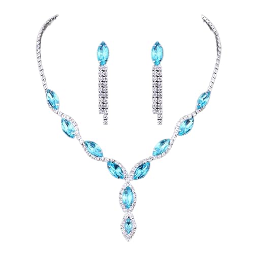 Kristall-Brautschmuck-Set, Strass-Anhänger, Halskette, Ohrringe, Marquise-Kette, Hochzeitsschmuck-Set für Frauen, Mädchen, Teenager (Blau) von Dishowme