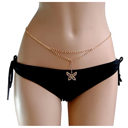 Kristall-Schmetterlings-Taillenkette Boho Layered Geometrische Schmetterling Körperkette Strass Bauchkette Gürtel Sommer Strand Bikini Taille Körper verstellbar Schmuck für Frauen Mädchen (Gold) von Dishowme