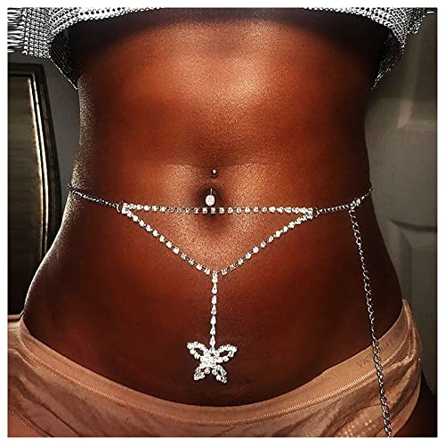 Kristall-Schmetterlings-Taillenkette Boho Layered Geometrische Schmetterling Körperkette Strass Bauchkette Gürtel Sommer Strand Bikini Taille Körper verstellbar Schmuck für Frauen Mädchen (Silber) von Dishowme