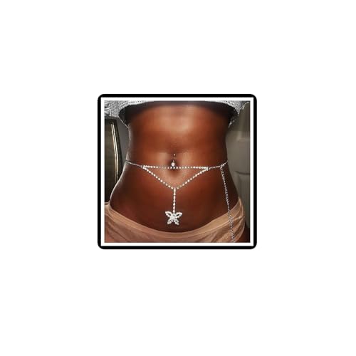 Kristall-Schmetterlings-Taillenkette Boho Layered Geometrische Schmetterling Körperkette Strass Bauchkette Gürtel Sommer Strand Bikini Taille Körper verstellbar Schmuck für Frauen Mädchen (Silber) von Dishowme