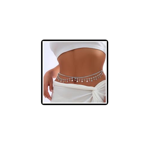 Kristall Stern Taille Kette Boho Layered Stern Quasten Körper Kette Vintage Strass Bauch Kette Gürtel Sommer Strand Bikini Verstellbarer Schmuck für Damen Frauen (Silber) von Dishowme