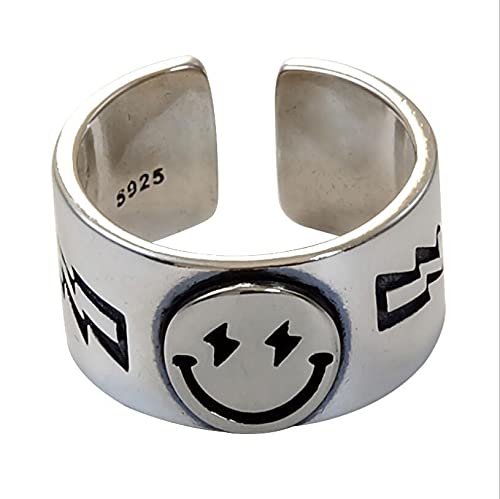 Lächelndes Gesicht Ring Vintage Smile Statement Ring Band Breiter Smiley Knöchelring Verstellbarer Fingerschmuck für Frauen Männer Mädchen (Silber) von Dishowme