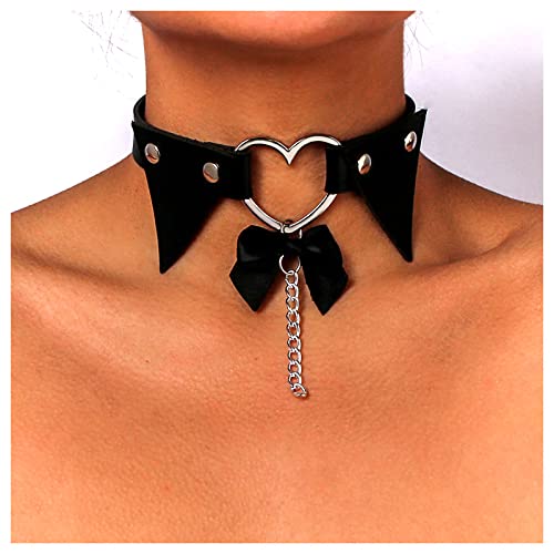 Leder Herz Halsband Gotisch Schleife Jingle Bells Halskette Kette Punk Schleife Knoten Band Kragen Schmuck für Frauen Mädchen (Schwarz A) von Dishowme