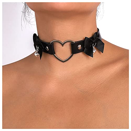 Leder Herz Halsband Gotisch Schleife Jingle Bells Halskette Kette Punk Schleife Knoten Band Kragen Schmuck für Frauen Mädchen (Schwarz B) von Dishowme