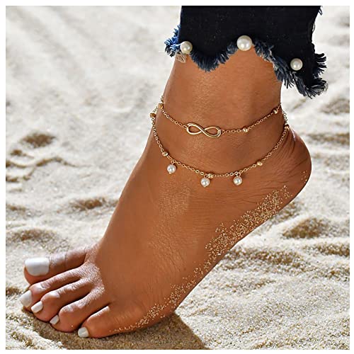 Dishowme Perlen-Fußkettchen mit Unendlichkeitssymbol Boho-Stil Mehrlagige Perlen Fußkettchen Glücksbringer 8 Sommer-Fußkette Schmuck für Frauen Mädchen (Gold) von Dishowme