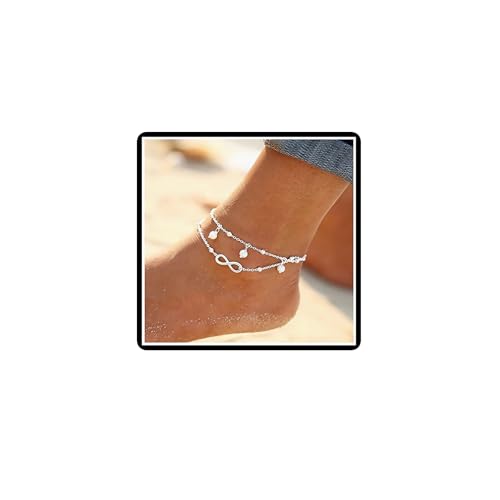 Dishowme Perlen-Fußkettchen mit Unendlichkeitssymbol Boho-Stil Mehrlagige Perlen Fußkettchen Glücksbringer 8 Sommer-Fußkette Schmuck für Frauen Mädchen (Silber) von Dishowme