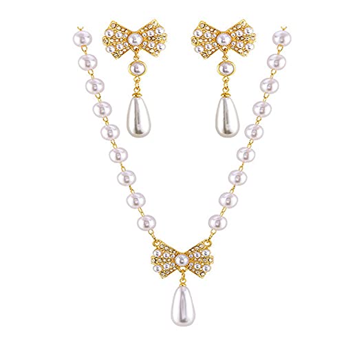 Perlen-Herz-Halsketten-Ohrringe-Sets Kristall Schmetterling Schleife Anhänger Halskette Faux Perle Französisch Strass Liebe Schleife Knoten Quasten Choker Halskette Schmuck für Frauen Mädchen (Gold B) von Dishowme