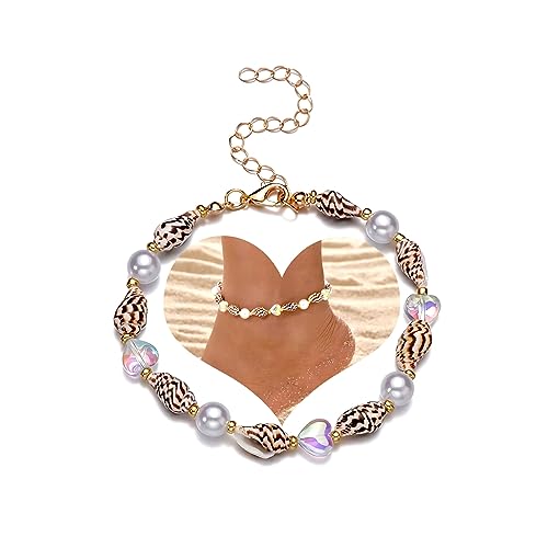Perlen-Muschel Fußkettchen Armband Engelsflügel Stern Fußkettchen Muschel Herz Perlen Fußkette Türkis Hawaii Puka Sommer Strand Schmuck für Frauen Mädchen (Stil D) von Dishowme