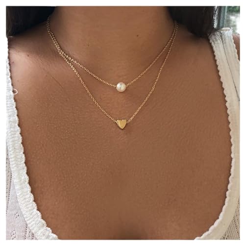 Perlenkette mit Anhänger, Herz-Halskette, Kette, Schmuck für Frauen, Mädchen, Teenageralter (Gold) von Dishowme