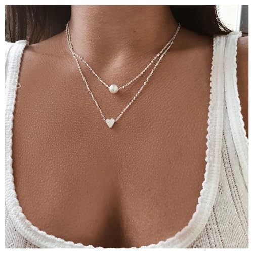 Perlenkette mit Anhänger, Herz-Halskette, Kette, Schmuck für Frauen, Mädchen, Teenageralter (Silber) von Dishowme