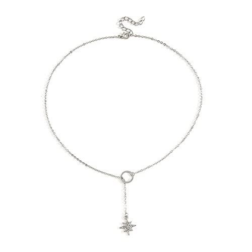 Sonne-Mond-Stern-Anhänger-Halskette Kristallhalbmond Y-Form Halskette Kette Boho-Lariat achteckiger Stern Schmuck für Frauen Mädchen (Silber B) von Dishowme