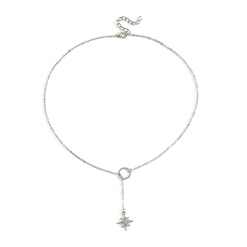 Dishowme Sonne-Mond-Stern-Anhänger-Halskette Kristallhalbmond Y-Form Halskette Kette Boho-Lariat achteckiger Stern Schmuck für Frauen Mädchen (Silber B) von Dishowme