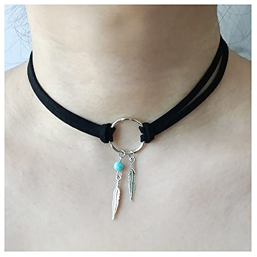 Türkis Feder Halsband Halskette Gothic Bohemian Blatt Leder Kette Schmuck für Frauen Mädchen (Schwarz) von Dishowme