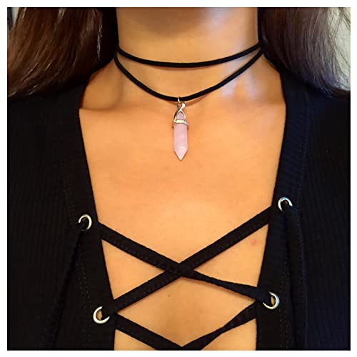 Türkis Leder Anhänger Halskette Sechseckige Säule Kristall Heilstein Halsband Halskette Schmuck für Frauen Mädchen Teenager (Rosa) von Dishowme