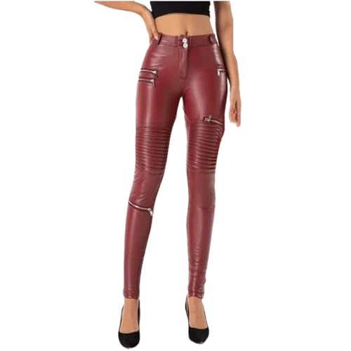 Damen-Bikerhose aus Leder, hohe Taille, Punk-Stil, dehnbar, schmal, PU, Hip-Pop-Reißverschluss, burgunderfarben, S von Disimlarl