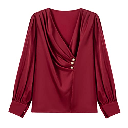 Damen Blusen Satin V-Ausschnitt Langarm Bluse Solid Elegant Knopfleiste Basic Top Burgunderrot L von Disimlarl