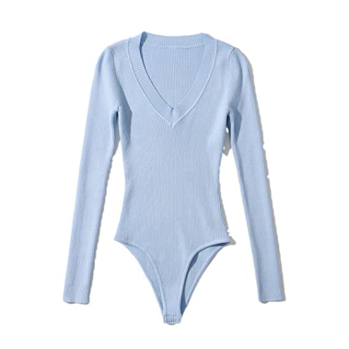 Disimlarl Damen-Body mit V-Ausschnitt, langärmelig, gestrickt, einfarbig, hochelastisch, schmal, Frühlings-Jumpsuits von Disimlarl