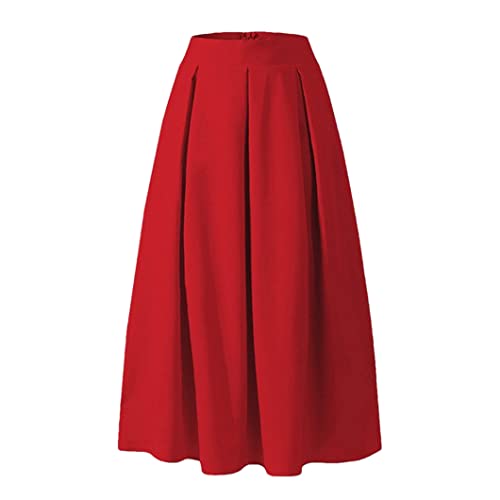 Disimlarl Damen Frühling Sommer Hohe Taille Langer Rock Damen Vintage Schwarz Blaue A Linie Faltenröcke, rot, 52 von Disimlarl