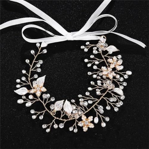 Disimlarl Damen-Haarschmuck mit Perlen und Blumen, Haarschmuck, Brautschmuck, Party, Braut-Kopfschmuck, goldfarbene Stirnbänder von Disimlarl