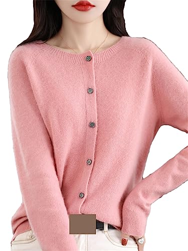 Disimlarl Damen Langarm-Pullover aus Kaschmir-Merinowolle, Frühlings-Autume-Strickjacke mit O-Ausschnitt Pink M von Disimlarl