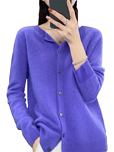 Disimlarl Damen Langarm-Pullover aus Kaschmir-Merinowolle, Frühlings-Autume-Strickjacke mit O-Ausschnitt Purple L von Disimlarl
