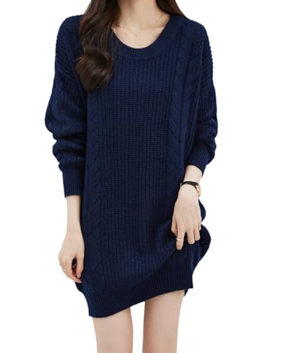 Disimlarl Damen Oversized Herbst Winter Warm Sweater Crewneck Langarm Knit Long Pullover Wollpullover, marineblau, M von Disimlarl
