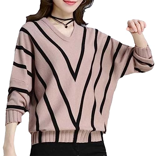 Disimlarl Frauen Gestreifte Gestrickte Lose Pullover Langarm V-Ausschnitt Casual Dame Tops Vintage Chic Pullover Pink M von Disimlarl