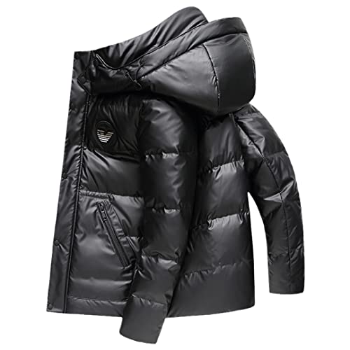 Disimlarl Herren-Daunenjacke, glänzend, 90 % weiße Entendaunen, kurze Kapuze, Winterjacke, Schwarz , L von Disimlarl