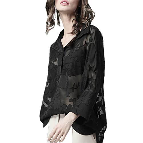Disimlarl Langes Blumenhemd, Netzbluse, Damen, Umlegekragen, locker sitzende Tops, Sommerhemden, Schwarz , 3XL von Disimlarl