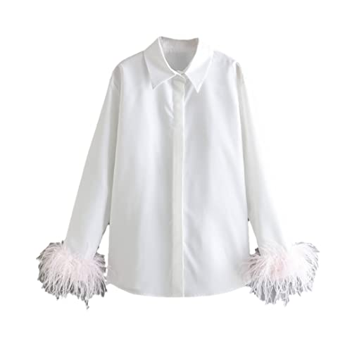 EN8 Federn an den Bündchen Damen Blusen Weiß Elegant Blusen Tops Shirts Rosa Feder L von Disimlarl