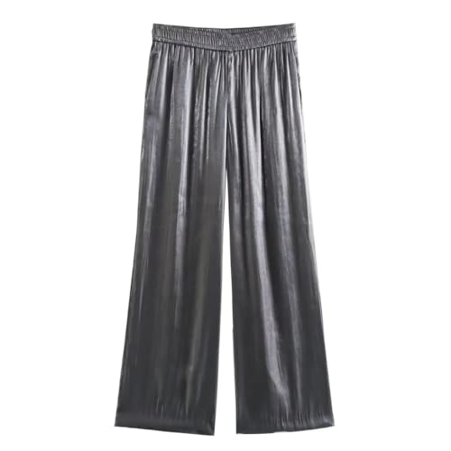 Herbst Weiblich Chic Taschen Breite Bein Hosen Solide Hosen Dünne Hohe Taille Casual Hose, Silbergraue Hose, L von Disimlarl