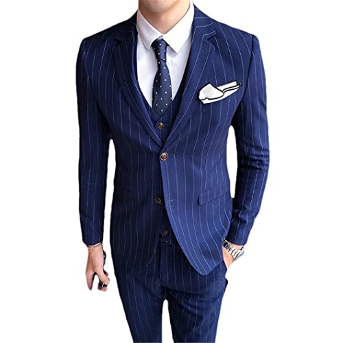 Herren-Anzug, gestreift, für Hochzeiten, leger, Smoking, Britisch, schmal, 3-teilig, für Business, Club, marineblau, Asien, XL, 59 bis 65 kg Herren-Anzug, gestreift, für Hochzeiten, leger, Smoking, Britisch, schmal, 3-teilig, für Business, Club, marineblau, Asien, XL, 59 bis 65 kg von Disimlarl