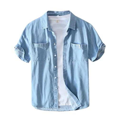 Herren Denim Kurzarm Hemd Baumwolle Solide Halbarm Slim Casual Doppeltasche Dünnes Hemd Babyblau L von Disimlarl