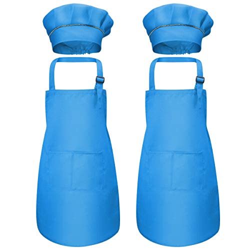 Disino 4 Stück Blau Kinder Schürze und Kochmütze Set, Kinder Verstellbare Kochschürze mit 2 Taschen für Jungen Mädchen, Kind Küchenschürzen für Küche Kochen Malerei Backen (7-13 Jahre) von Disino