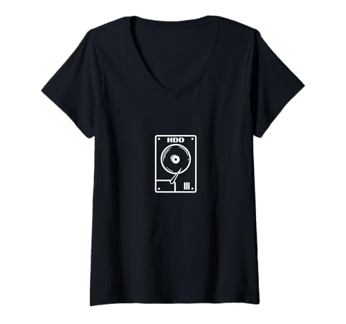 Damen HDD-Festplatte T-Shirt mit V-Ausschnitt Damen HDD-Festplatte T-Shirt mit V-Ausschnitt von Diskette CD retro old data storage computer
