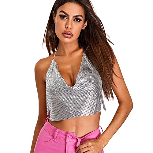 Damen Korsett Bustier Glitzer BH Rückenfreier Weste Sling Metal Open Top Sexy Pailletten Rücken Kette Dessous Sexy Tank Top Trägertop Crop Top Musik Festival Oberteil C2-Silber,Einheitsgröße von Dislsokrhov