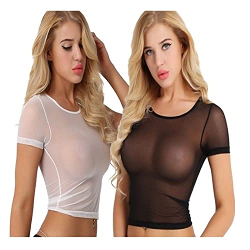 Damen Kurzarm Bluse, Durchsichtige Kurze Ärmel Sheer Mesh Nahtlose Arm Shaper Crop Tops T Shirt Netz Unterhemd Reizwäsche Mesh Dessous Body Tunika Tank Top Transparente Bluse B1-Schwarz,XXL von Dislsokrhov