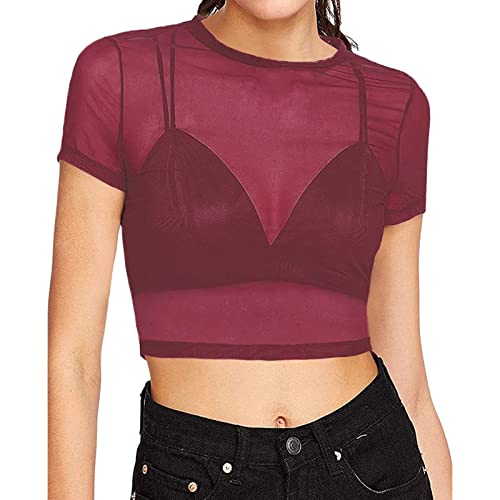 Damen Kurzarm Bluse, Durchsichtige Kurze Ärmel Sheer Mesh Nahtlose Arm Shaper Crop Tops T Shirt Netz Unterhemd Reizwäsche Mesh Dessous Body Tunika Tank Top Transparente Bluse B3-Rot,M von Dislsokrhov