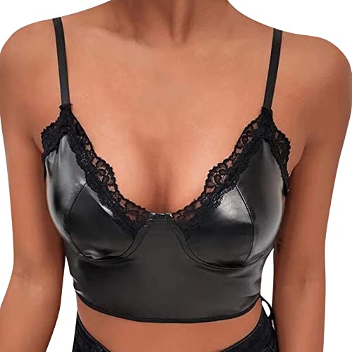 Damen Leder Latex BH Top ohne Bügel Harness Bra Bralette Push Up Metallic Kurze Tops Dessous Oberteile Damen Nachtwäsche Wetlook Bustier Top mit Halsband Erotik Dessous Leder Latex Reizwäsche von Dislsokrhov