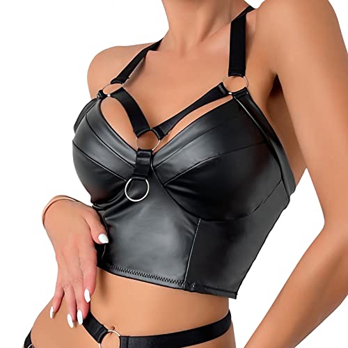 Damen Metallic Crop Top Neckholder Oberteil Bauchfrei Shirt Lack Leder Bustier Tanz Kostüm Unterhemd kurz Clubwear Tank Top Push Up Busenfrei Glänzend Top Oberteil Lack Leder BH E1-Schwarz,L von Dislsokrhov