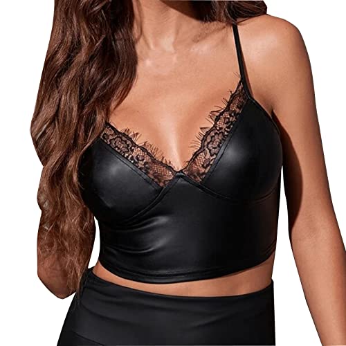 Damen Metallic Crop Top Neckholder Oberteil Bauchfrei Shirt Lack Leder Bustier Unterhemd kurz Clubwear Tank Top Push Up Busenfrei Glänzend Bustier Top Tanz Kostüm Damen Lack Leder BH Oberteil von Dislsokrhov